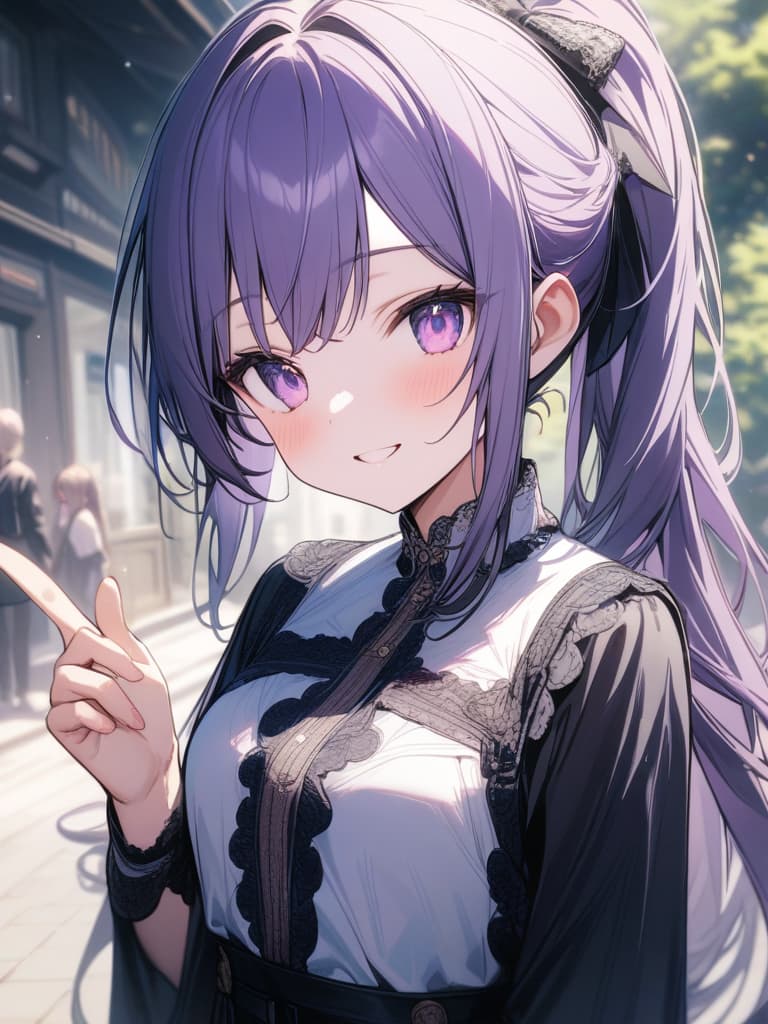  Cute, , long hair, thin body, ponytail, purple hair, purple eyes, g, big s, gs, gs, gs, older sisters, smiles., masterpiece, best quality,8k,ultra detailed,high resolution,an extremely delicate and beautiful,hyper detail