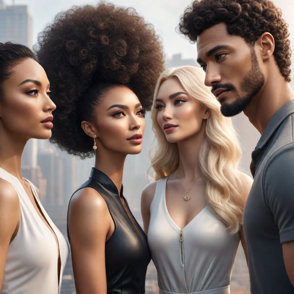  cartoon illustration of 5 mixed-race people talking to each other: 1 person white, 1 person Chinese black, 2nd person is blonde mixed Japanese, 3rd mixed white person with dark curly brown hair hyperrealistic, full body, detailed clothing, highly detailed, cinematic lighting, stunningly beautiful, intricate, sharp focus, f/1. 8, 85mm, (centered image composition), (professionally color graded), ((bright soft diffused light)), volumetric fog, trending on instagram, trending on tumblr, HDR 4K, 8K