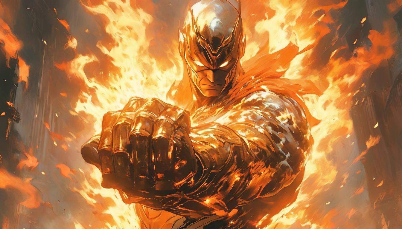  hyperrealism,fantasy aestheticEternal flame in a guardian's hands, spark igniting other flames, spreading integrity, symbol of hope and truth, high tech clothing clad in sleek, futuristic costume with metallic accents and form fitting designs, marvel superhero comics style, unreal engine rendering