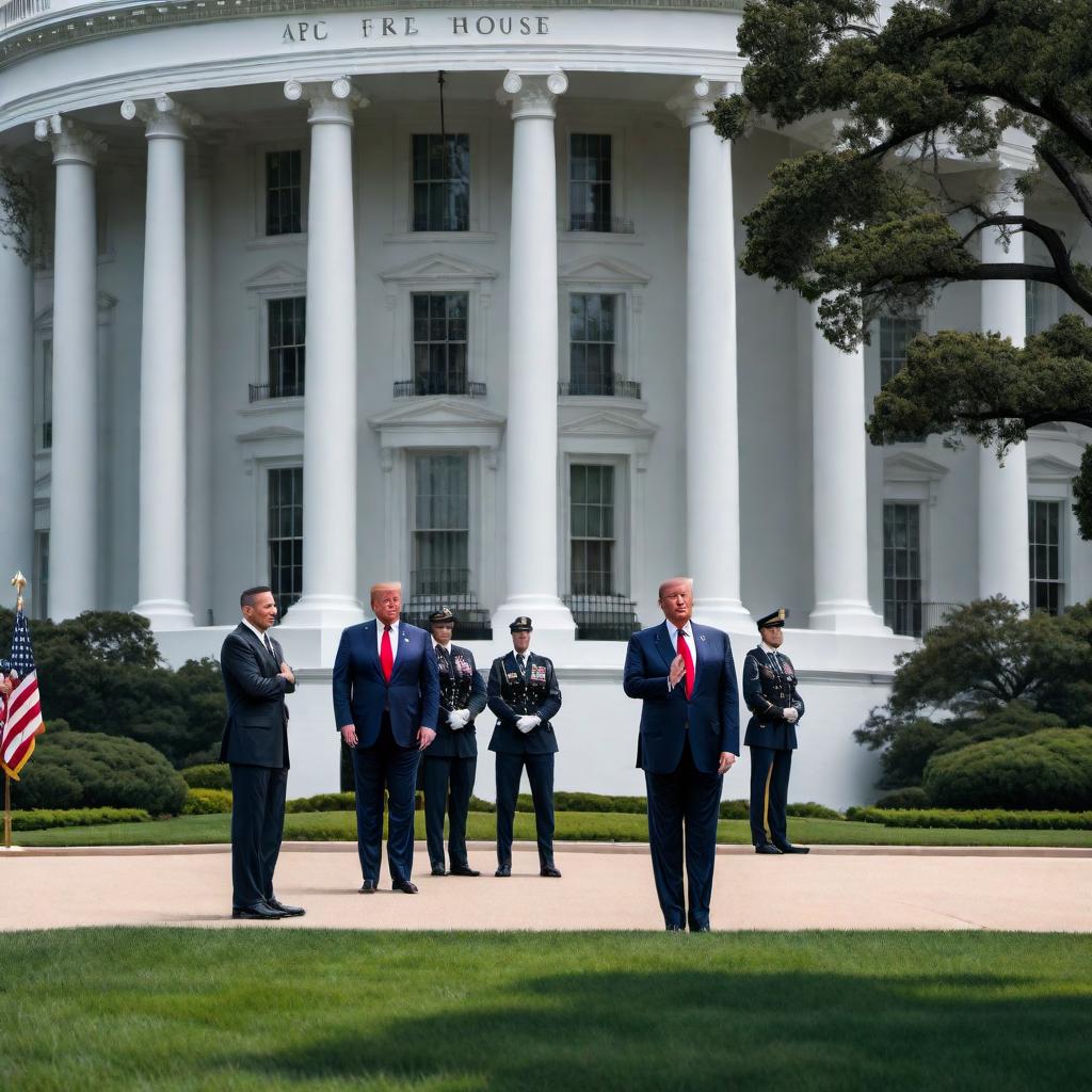  President Trump armed with an AR-15, General Michael Flynn armed with an AR-15 just behind President Trump on his right side, and Representative Tim Byron armed with an AR-15 just behind President Trump on his left side. All three are seen protecting the White House. The United States flag is raised high above the White House with an eagle on top of the flagpole, and two F35s fly above the White House to help Trump, Flynn, and Byron protect it. hyperrealistic, full body, detailed clothing, highly detailed, cinematic lighting, stunningly beautiful, intricate, sharp focus, f/1. 8, 85mm, (centered image composition), (professionally color graded), ((bright soft diffused light)), volumetric fog, trending on instagram, trending on tumblr, HDR 4K, 8K