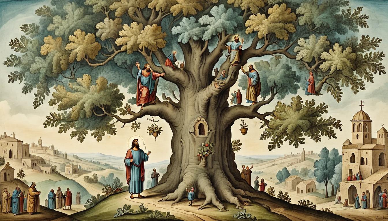  on parchment, surrealism+++, Zacchaeus and Jesus, Zacchaeus descending tree, joyful expression, transformative moment, significance, new beginnings(mysterious, provocative, symbolic,muted color)+++