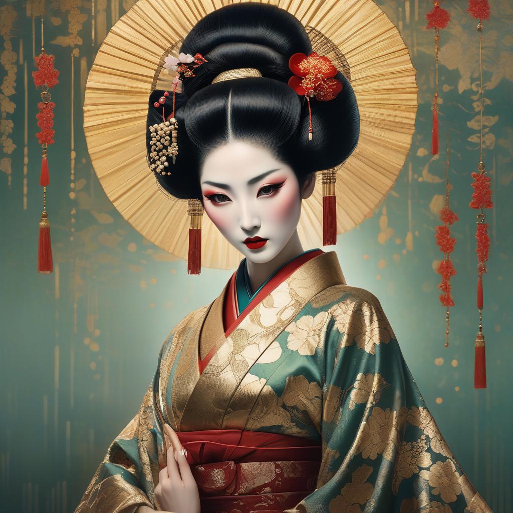  a double exposure image that captures the essence of a geisha, portrayed with the intricate silk textures and golden filigree reminiscent of Gustav Klimt's style. The artwork should be rendered in watercolor and ink, featuring imperial colors with delicate gold foil details. Incorporate elements of Art Deco, inspired by the works of Enki Bilal, Egon Schiele, Milo Manara, Catrin Welz Stein, and Jean Metzinger. The geisha's eyes and hands should be depicted with perfection, set against a dynamic pose and a dark jade background. Add a touch of splatter to convey movement, and use gold filaments to enhance the composition. The image should be of high resolution, 8k or 4k, ensuring a beautiful close up with crisp quality. The background should h hyperrealistic, full body, detailed clothing, highly detailed, cinematic lighting, stunningly beautiful, intricate, sharp focus, f/1. 8, 85mm, (centered image composition), (professionally color graded), ((bright soft diffused light)), volumetric fog, trending on instagram, trending on tumblr, HDR 4K, 8K