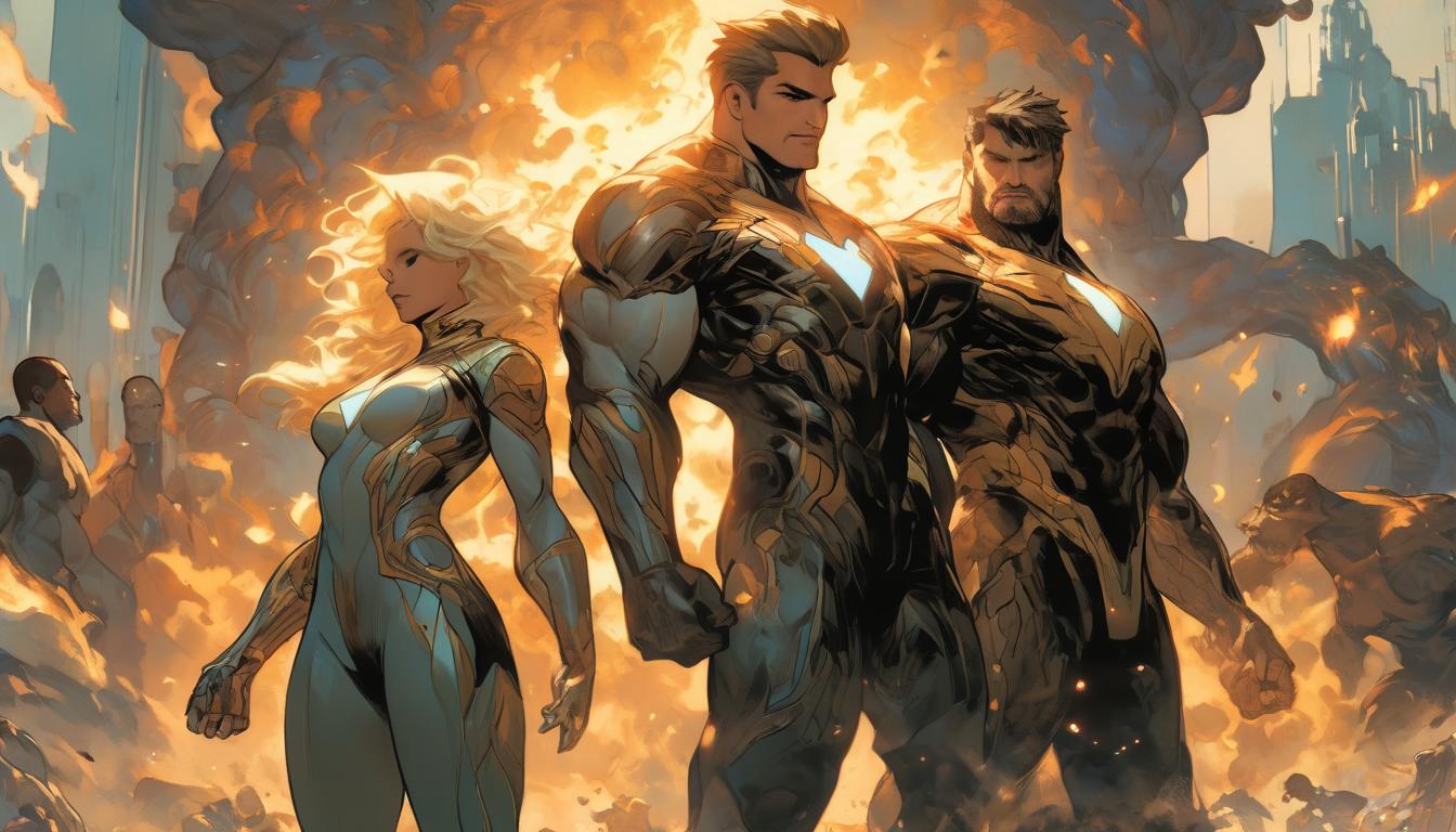  hyperrealism,fantasy aesthetic1woman1man, large busted blonde arian female humanoid and attractive brunette arian male humanoid, standing side by side, emanating power and unity, vast horizon, high tech clothing clad in sleek, futuristic costume with metallic accents and form fitting designs, marvel superhero comics style, unreal engine rendering