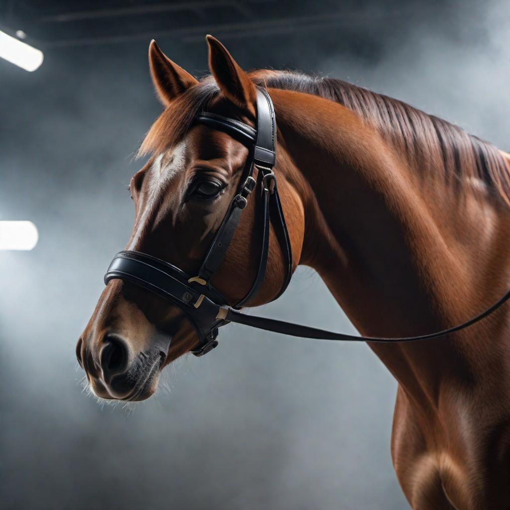  A horse is standing calmly, wearing a muzzle and a blindfold in a controlled environment. The scene highlights the importance of maintaining a calm and humane process, with trained professionals ensuring the safety and well-being of the animal at every step. hyperrealistic, full body, detailed clothing, highly detailed, cinematic lighting, stunningly beautiful, intricate, sharp focus, f/1. 8, 85mm, (centered image composition), (professionally color graded), ((bright soft diffused light)), volumetric fog, trending on instagram, trending on tumblr, HDR 4K, 8K