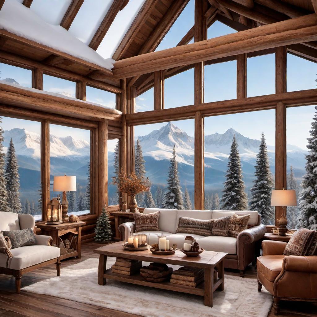  A cozy wooden cabin interior with a large window showing a snowy mountain landscape outside. The interior features warm lighting with a fireplace, comfortable furniture such as a plush armchair and a coffee table, and rustic decorations like wooden shelves and animal pelts. Snow-covered trees and towering mountains are visible through the large window. hyperrealistic, full body, detailed clothing, highly detailed, cinematic lighting, stunningly beautiful, intricate, sharp focus, f/1. 8, 85mm, (centered image composition), (professionally color graded), ((bright soft diffused light)), volumetric fog, trending on instagram, trending on tumblr, HDR 4K, 8K