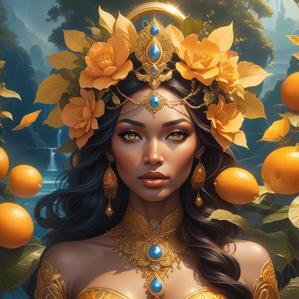  hyperrealistic art A fantasy portrait of a woman adorned with golden floral ornaments, surrounded by a mystical, luminous landscape with water elements. An insanely hyperdetailed whimsical fantasical painting of the Goddess Oshun, the Yoruba goddess of love, fertility, and rivers. She is typically depicted as a beautiful woman adorned with gold and surrounded by flowing water. Genres: Fantasy, Mythology. Styles: Whimsical, Surreal. Techniques: Hyperrealism, Digital Painting. Lights: Warm and Radiant. Colors: Golden yellows, bright oranges, warm browns, and deep blues. Descriptive terms: Lush, Opulent, Serene, Mystical, and Nurturing. This masterpiece digital artwork would be best painted by artists such as Tara McPherson, Audrey Kawasaki, N hyperrealistic, full body, detailed clothing, highly detailed, cinematic lighting, stunningly beautiful, intricate, sharp focus, f/1. 8, 85mm, (centered image composition), (professionally color graded), ((bright soft diffused light)), volumetric fog, trending on instagram, trending on tumblr, HDR 4K, 8K