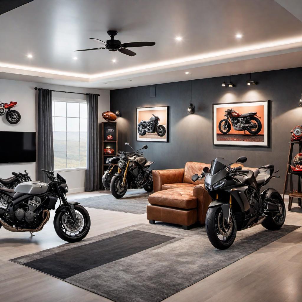  A well-designed man cave with a focus on motorcycles and leisure activities. The room features a pool table at the center, and on one side, there are a couple of motorcycles displayed prominently. A modern refrigerator stands nearby, stocked with refreshments. There's a comfortable couch facing a large flat-screen TV mounted on the wall, perfect for relaxing and watching sports or movies. The walls are adorned with motorcycle posters and memorabilia, and the lighting is warm and inviting, creating a perfect balance between functionality and relaxation. hyperrealistic, full body, detailed clothing, highly detailed, cinematic lighting, stunningly beautiful, intricate, sharp focus, f/1. 8, 85mm, (centered image composition), (professionally color graded), ((bright soft diffused light)), volumetric fog, trending on instagram, trending on tumblr, HDR 4K, 8K