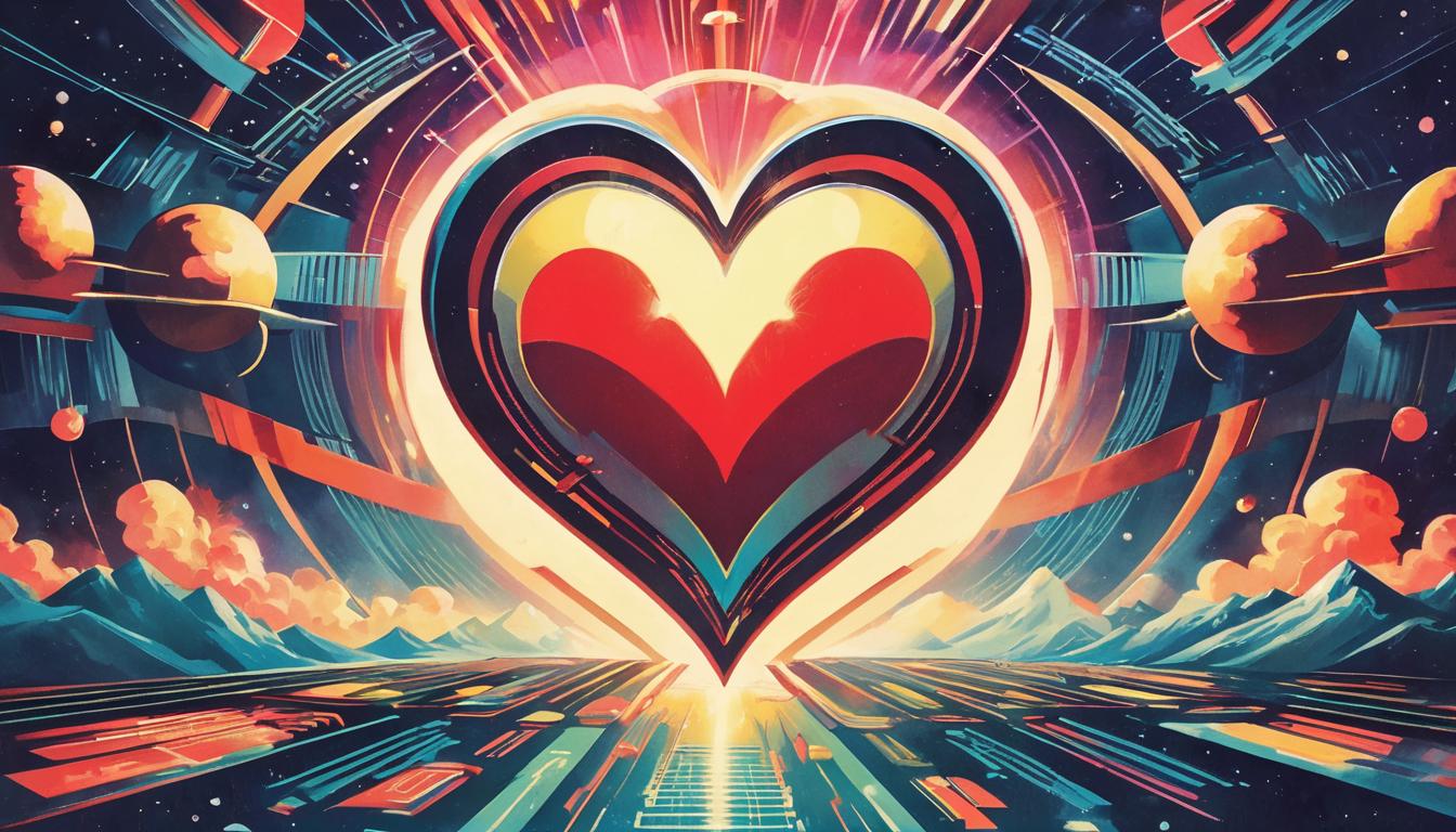  retro futuristic close up of luminous heart, energy waves, radiating light, deep emotional connection, warmth, symbolism of empathy, inner glow lvintage sci fi, 50s and 60s style, atomic age, vibrant, highly detailed