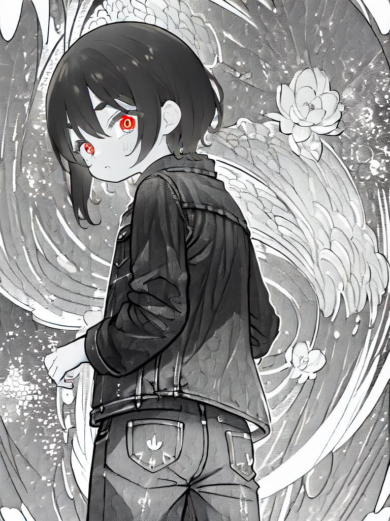  ((monochrome background:1.4))、10 year boy、glowing red eyes、coolish boy、looking back、v shaped eyebrows、denim pants、💩、💩、💩、💩、💩、, masterpiece, best quality,8k,ultra detailed,high resolution,an extremely delicate and beautiful,hyper detail