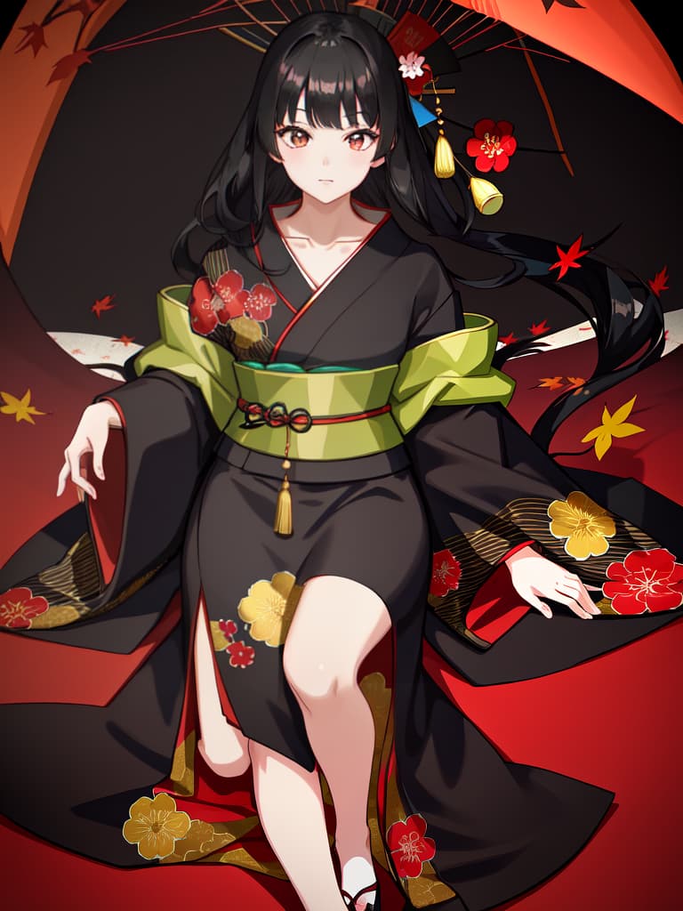  Black hair, kimono, autumn, Yatakara, girl, masterpiece, best quality,8k,ultra detailed,high resolution,an extremely delicate and beautiful,hyper detail