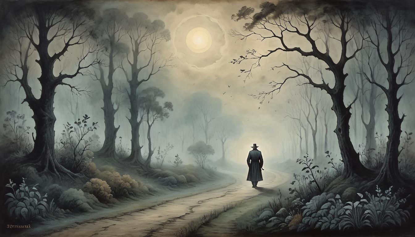  on parchment, surrealism+++, A solitary figure walking along a dark, misty path, illuminated by faint lights, surrounding trees and plants partially visible, mysterious, sense of isolation(mysterious, provocative, symbolic,muted color)+++