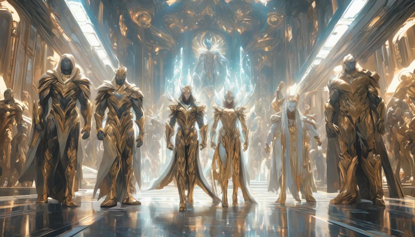  hyperrealism,fantasy aesthetica group of arian humanoids, both male and female, dressed in celestial robes, gathered in a grand hall with cosmic motifs, high tech clothing clad in sleek, futuristic costume with metallic accents and form fitting designs, marvel superhero comics style, unreal engine rendering