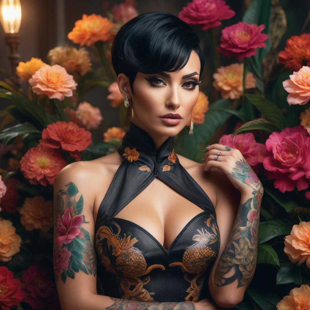  cinematic photo A athletic with short black hair and floral tattoos with a boa constrictor on her neck . 35mm photograph, film, bokeh, professional, 4k, highly detailed hyperrealistic, full body, detailed clothing, highly detailed, cinematic lighting, stunningly beautiful, intricate, sharp focus, f/1. 8, 85mm, (centered image composition), (professionally color graded), ((bright soft diffused light)), volumetric fog, trending on instagram, trending on tumblr, HDR 4K, 8K