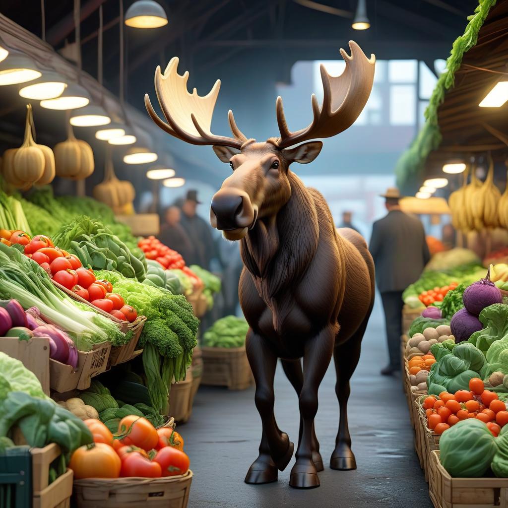  concept art a cartoon humanized moose walks through the market with vegetables . digital artwork, illustrative, painterly, matte painting, highly detailed, STICKER hyperrealistic, full body, detailed clothing, highly detailed, cinematic lighting, stunningly beautiful, intricate, sharp focus, f/1. 8, 85mm, (centered image composition), (professionally color graded), ((bright soft diffused light)), volumetric fog, trending on instagram, trending on tumblr, HDR 4K, 8K