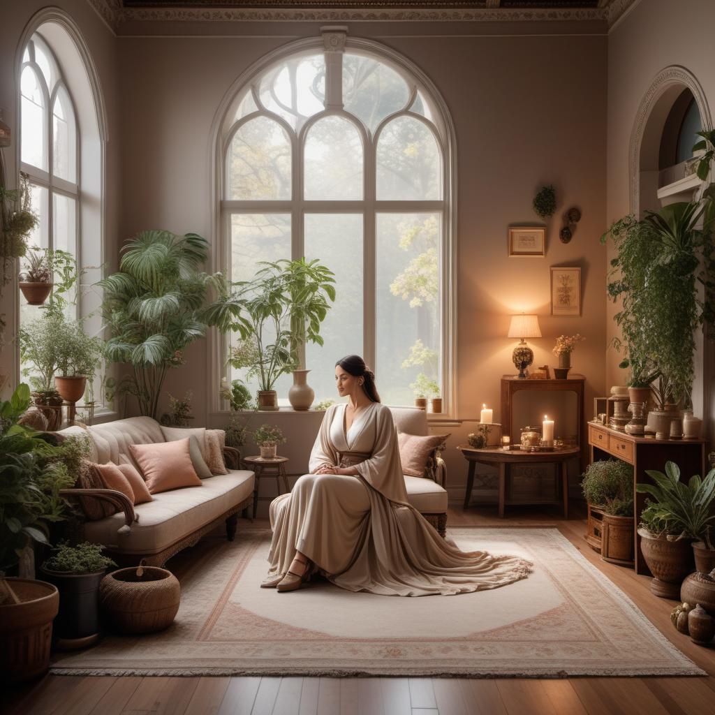  A warm and comforting scene with a person sitting cozily in a safe space, perhaps a comfortable living room with soft lighting and calming colors. They are surrounded by symbols of mental wellness like a journal, a cup of tea, and some plants. The scene conveys a sense of supportive and empathetic ambiance where someone is offering a helping hand or listening ear. hyperrealistic, full body, detailed clothing, highly detailed, cinematic lighting, stunningly beautiful, intricate, sharp focus, f/1. 8, 85mm, (centered image composition), (professionally color graded), ((bright soft diffused light)), volumetric fog, trending on instagram, trending on tumblr, HDR 4K, 8K