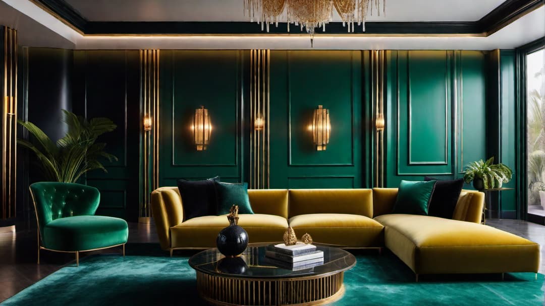  Create an image of an 80s retro home interior design with an Art Deco revival twist. The central piece is a plush velvet sofa in an emerald green color, accented by gold and black furniture. Incorporate bold geometric patterns, reflective surfaces, and jewel tones. Include Art Deco inspired lighting fixtures and mirrored surfaces for a touch of glamour and sophistication. The overall atmosphere should be a fusion of 80s nostalgia and elegant Art Deco style. hyperrealistic, full body, detailed clothing, highly detailed, cinematic lighting, stunningly beautiful, intricate, sharp focus, f/1. 8, 85mm, (centered image composition), (professionally color graded), ((bright soft diffused light)), volumetric fog, trending on instagram, trending on tumblr, HDR 4K, 8K