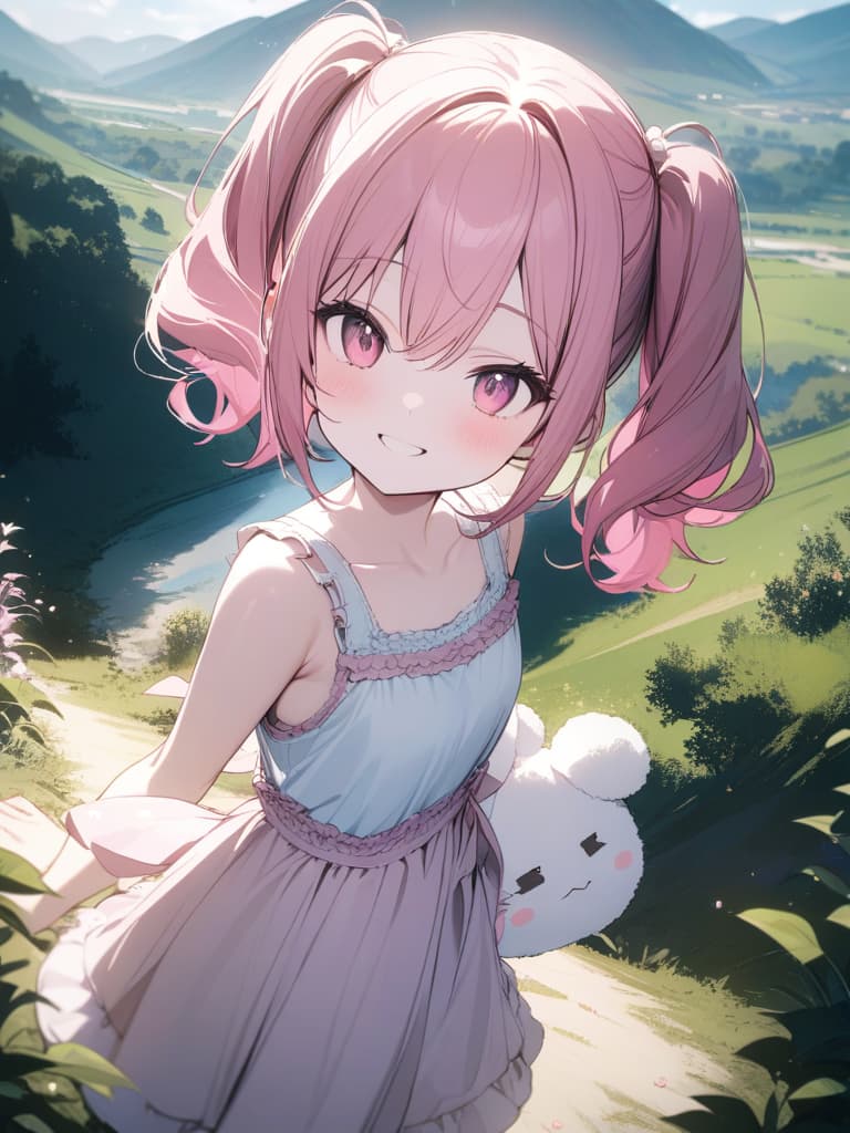  Cute, , pink hair, twin tails, pink eyes, young face, big s, peach, fruits, frill dress, white skin, smile, valley, thin body, tank top, fluffy hair, masterpiece, best quality,8k,ultra detailed,high resolution,an extremely delicate and beautiful,hyper detail