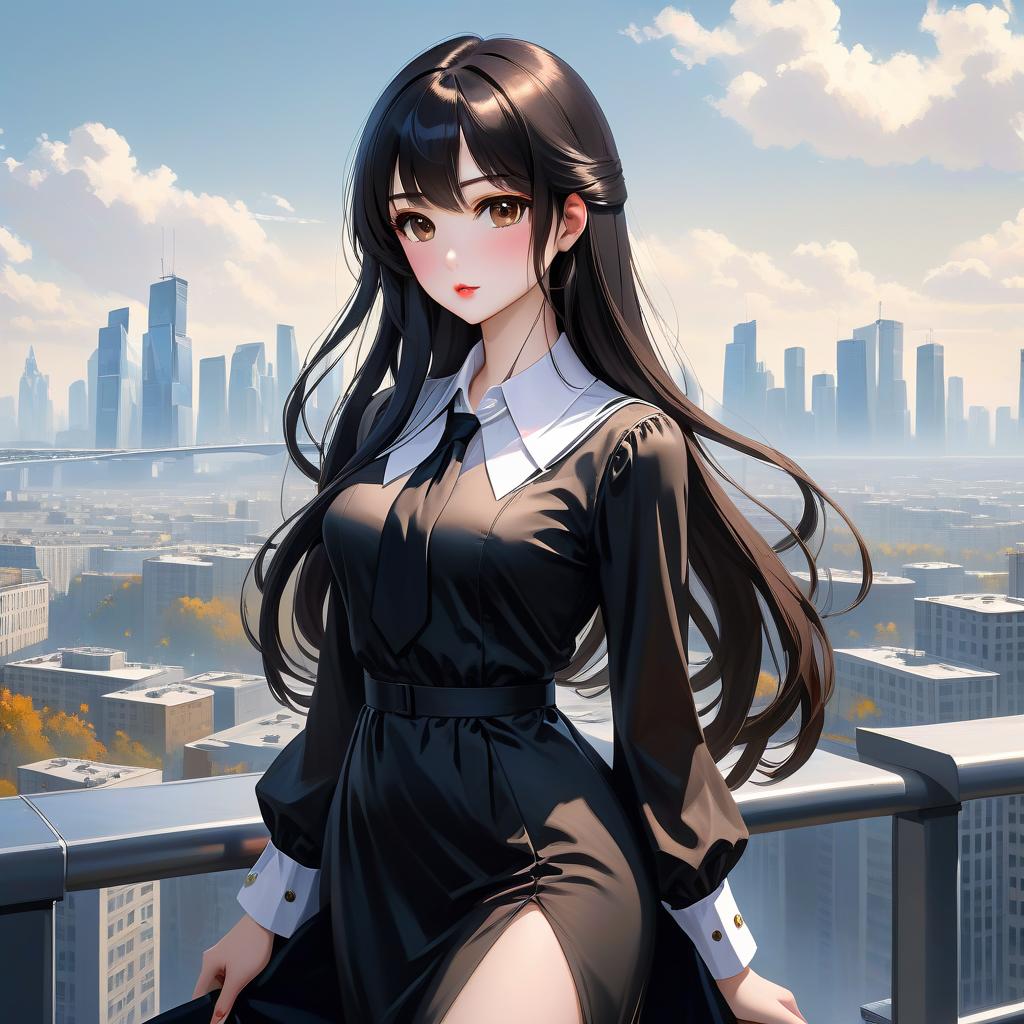  anime artwork beautiful , , white skinned, European, brown eyes, long brown straight hair, slender figure, small neat s, dressed in a black dress with a white collar and white cuffs, full length, against the backdrop of a modern city. Skyscrs of Moscow City (photorealism, oil painting: 1.3), (full length shot: 1.3), charming , long flowing black hair, (large sensual mouth: 1.2), plump lips, sparkling brown eyes , narrow waist, (sensual drawing: 1.2), silvery glow, ethereal aura, detailed brushwork, intricate shadows and highlights, mysterious and captivating expression, unique color palette, masterful use of light and shadow, captivating atmosphere, pure emotion, intense gaze, dynamic composition. small  hyperrealistic, full body, detailed clothing, highly detailed, cinematic lighting, stunningly beautiful, intricate, sharp focus, f/1. 8, 85mm, (centered image composition), (professionally color graded), ((bright soft diffused light)), volumetric fog, trending on instagram, trending on tumblr, HDR 4K, 8K