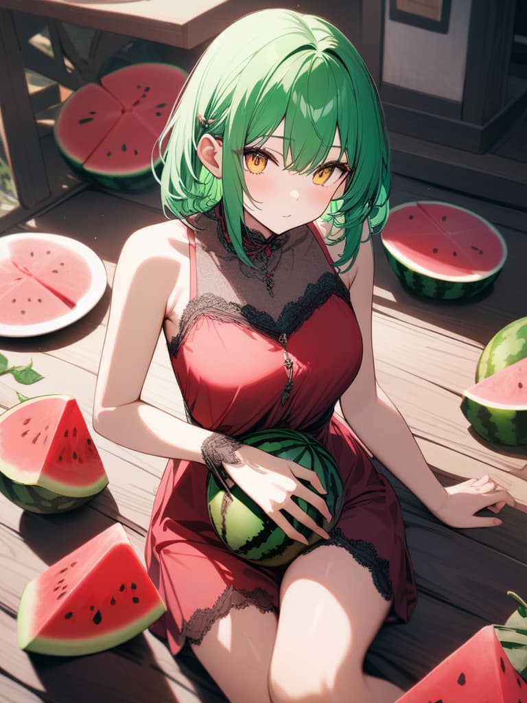  Cute, girl, thin body, green hair, yellow eyes, watermelon, watermelon, red and green dresses, watermelon decoration, medium hair, vine, red and green hair, two tone, masterpiece, best quality,8k,ultra detailed,high resolution,an extremely delicate and beautiful,hyper detail