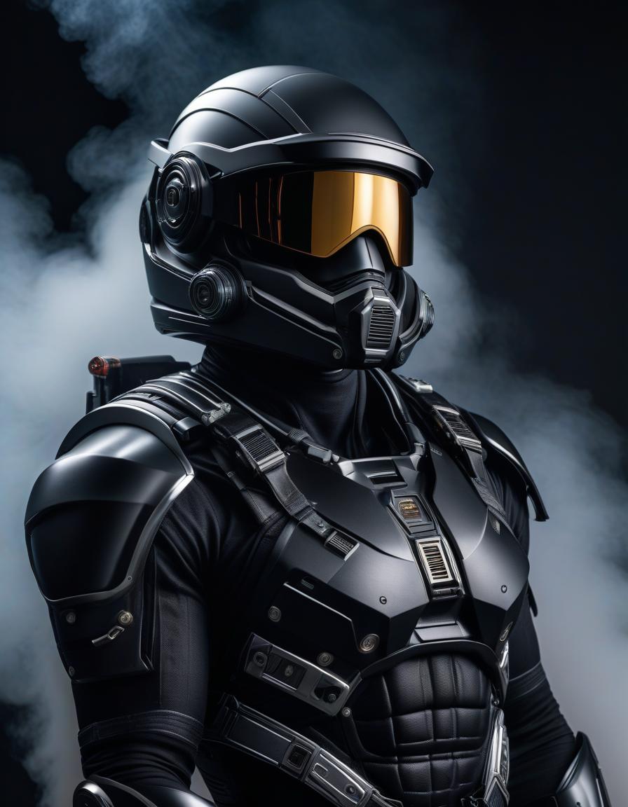  Book cover: A man in a black exoskeleton wearing a helmet, standing with his arms crossed over his chest. No background, very detailed and detailed model hyperrealistic, full body, detailed clothing, highly detailed, cinematic lighting, stunningly beautiful, intricate, sharp focus, f/1. 8, 85mm, (centered image composition), (professionally color graded), ((bright soft diffused light)), volumetric fog, trending on instagram, trending on tumblr, HDR 4K, 8K