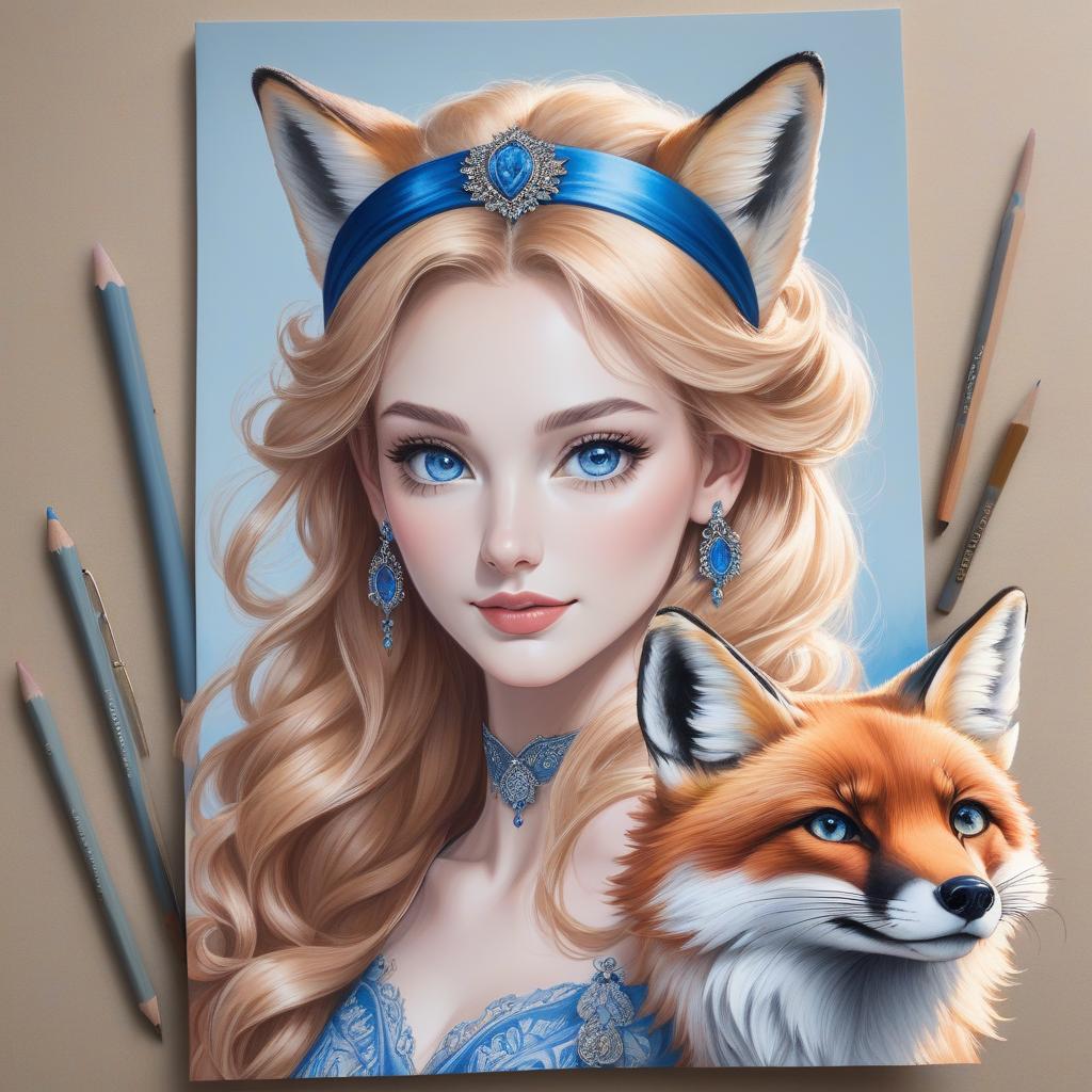  A portrait of a young woman with wavy hair and blue eyes, wearing a blue headband and earrings, with a red fox beside her. A pencil and charcoal drawing portrait of a beautiful , with big blue sparkling eyes, slight smile, fanciful clothes, messy blond hairstyle, holding a fox in his arms with intricate details and precisely drawn drawing hyperrealistic, full body, detailed clothing, highly detailed, cinematic lighting, stunningly beautiful, intricate, sharp focus, f/1. 8, 85mm, (centered image composition), (professionally color graded), ((bright soft diffused light)), volumetric fog, trending on instagram, trending on tumblr, HDR 4K, 8K