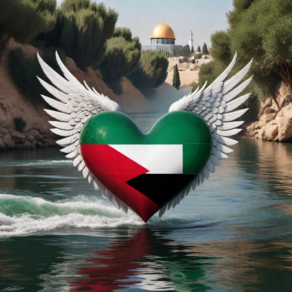  An illustration featuring a heart with wings waving the Palestine flag over a river or sea. The heart is adorned with the colors of the Palestine flag: black, white, green, and red. The wings should appear dynamic, fluttering above the water with a clear reflection of the heart and wings visible on the water's surface. The overall composition should evoke feelings of love, unity, freedom, and support for Palestine. hyperrealistic, full body, detailed clothing, highly detailed, cinematic lighting, stunningly beautiful, intricate, sharp focus, f/1. 8, 85mm, (centered image composition), (professionally color graded), ((bright soft diffused light)), volumetric fog, trending on instagram, trending on tumblr, HDR 4K, 8K