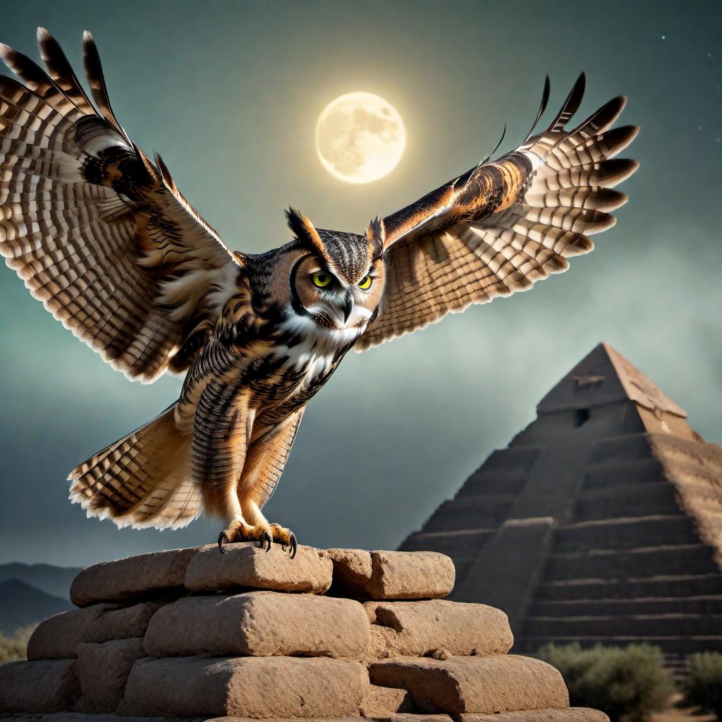  A horned owl with one green eye and the other eye scarred, with a bloody beak and golden claws, landing on top of a pyramid in the moonlight. hyperrealistic, full body, detailed clothing, highly detailed, cinematic lighting, stunningly beautiful, intricate, sharp focus, f/1. 8, 85mm, (centered image composition), (professionally color graded), ((bright soft diffused light)), volumetric fog, trending on instagram, trending on tumblr, HDR 4K, 8K