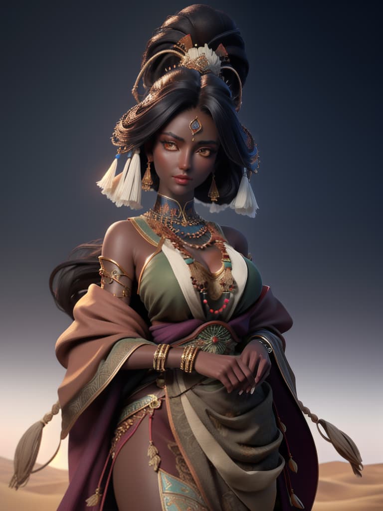  (masterpiece, best quality), dark skinned female, ((intricate)), traditional clothes, desert, bracelet, town, hair ornament, jewelry, leaning back, looking at viewer, upper body, plateau, sandstorm, hyperrealistic, full body, detailed clothing, highly detailed, cinematic lighting, stunningly beautiful, intricate, sharp focus, f/1. 8, 85mm, (centered image composition), (professionally color graded), ((bright soft diffused light)), volumetric fog, trending on instagram, trending on tumblr, HDR 4K, 8K