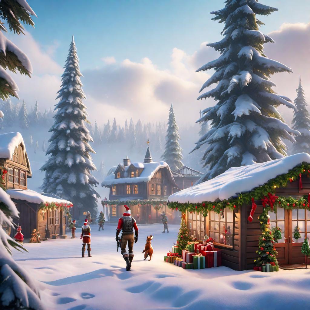  An image depicting the original Fortnite Christmas event. It should feature festive decorations, snowy landscapes, and iconic Fortnite characters dressed in holiday-themed outfits. Include Christmas trees, colorful lights, presents, and a joyous atmosphere reminiscent of the holiday season in Fortnite. The characters should be having fun, such as dancing, building, and fighting with a holiday twist. The background should be filled with snow-covered structures and holiday elements. hyperrealistic, full body, detailed clothing, highly detailed, cinematic lighting, stunningly beautiful, intricate, sharp focus, f/1. 8, 85mm, (centered image composition), (professionally color graded), ((bright soft diffused light)), volumetric fog, trending on instagram, trending on tumblr, HDR 4K, 8K