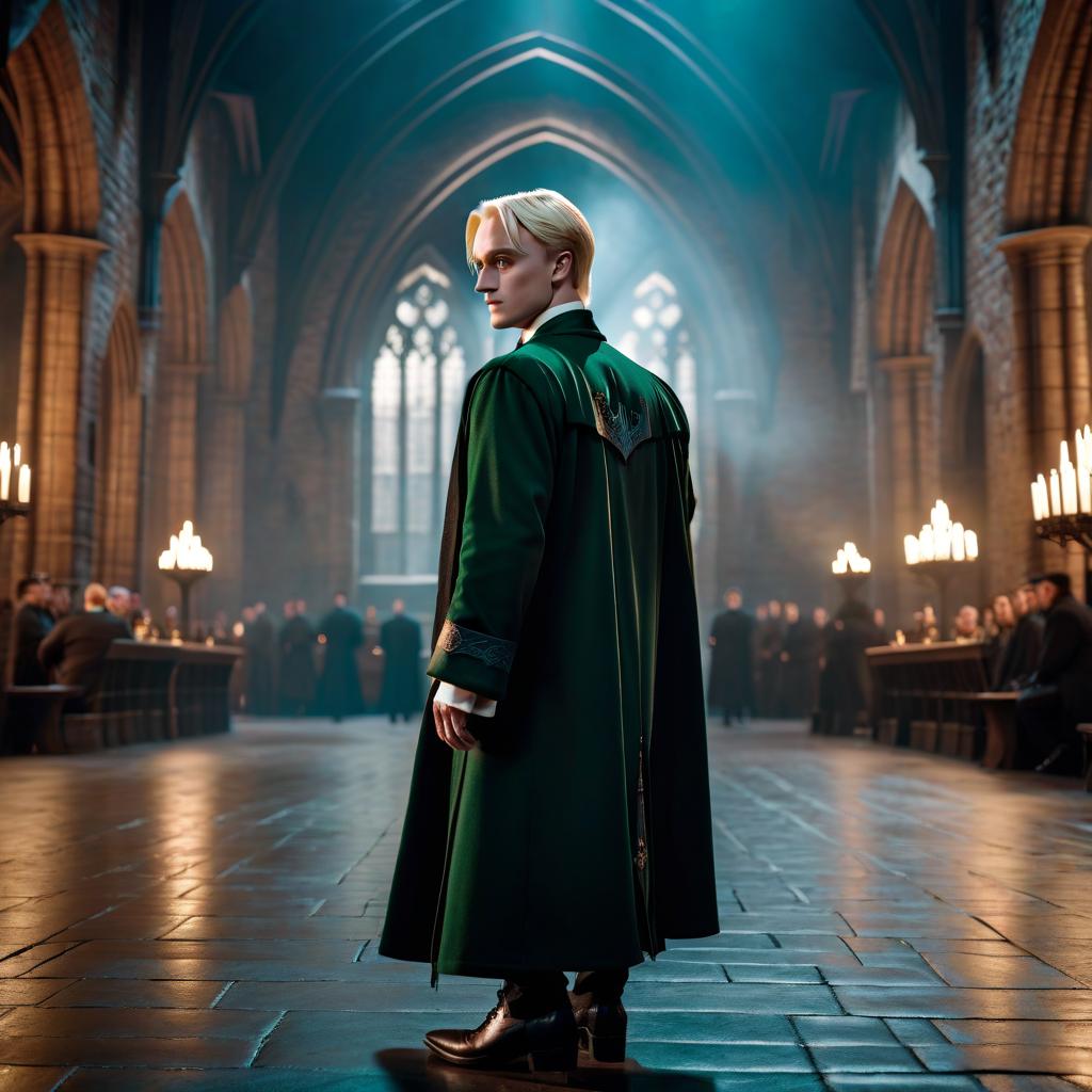  cinematic photo Draco Malfoy in Hogwarts evening attire . 35mm photograph, film, bokeh, professional, 4k, highly detailed hyperrealistic, full body, detailed clothing, highly detailed, cinematic lighting, stunningly beautiful, intricate, sharp focus, f/1. 8, 85mm, (centered image composition), (professionally color graded), ((bright soft diffused light)), volumetric fog, trending on instagram, trending on tumblr, HDR 4K, 8K