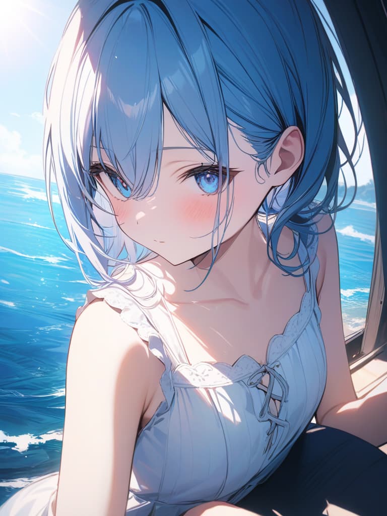  Cute, , light blue hair, blue eyes, shine,, swimwear, sea, sun, young face, face, big s, masterpiece, best quality,8k,ultra detailed,high resolution,an extremely delicate and beautiful,hyper detail