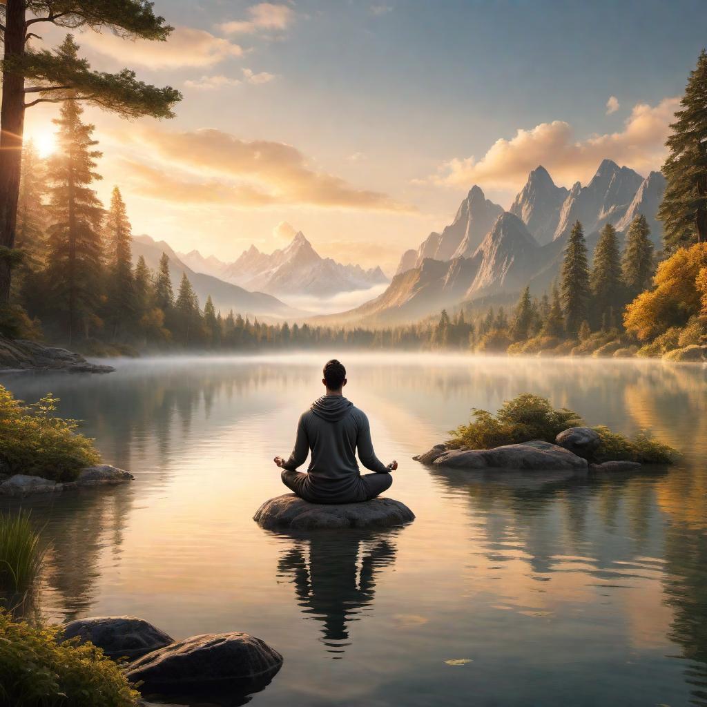  A serene landscape with a person meditating or reflecting, surrounded by nature. The scene should include elements like a calm lake, trees, and mountains in the background. The sky is clear with a soft, golden glow from the setting sun. An uplifting quote is elegantly incorporated into the image, possibly in a handwritten-style font. The overall mood is calm, clear, and motivating. hyperrealistic, full body, detailed clothing, highly detailed, cinematic lighting, stunningly beautiful, intricate, sharp focus, f/1. 8, 85mm, (centered image composition), (professionally color graded), ((bright soft diffused light)), volumetric fog, trending on instagram, trending on tumblr, HDR 4K, 8K