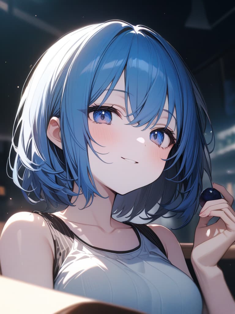  Cute, girl, big eyes, white skin, blue hair color, blue eyes, short hair, short bob, blueberry, smiling, tank top, masterpiece, best quality,8k,ultra detailed,high resolution,an extremely delicate and beautiful,hyper detail