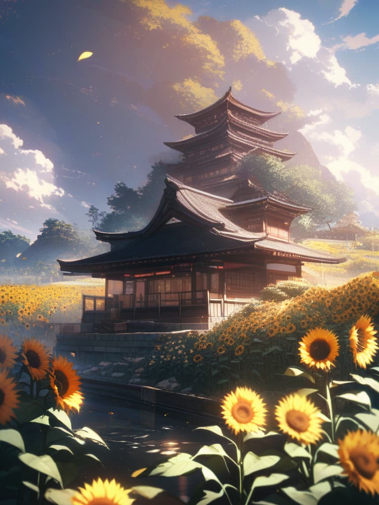  Japanese scenery, sunflower, masterpiece, best quality,8k,ultra detailed,high resolution,an extremely delicate and beautiful,hyper detail