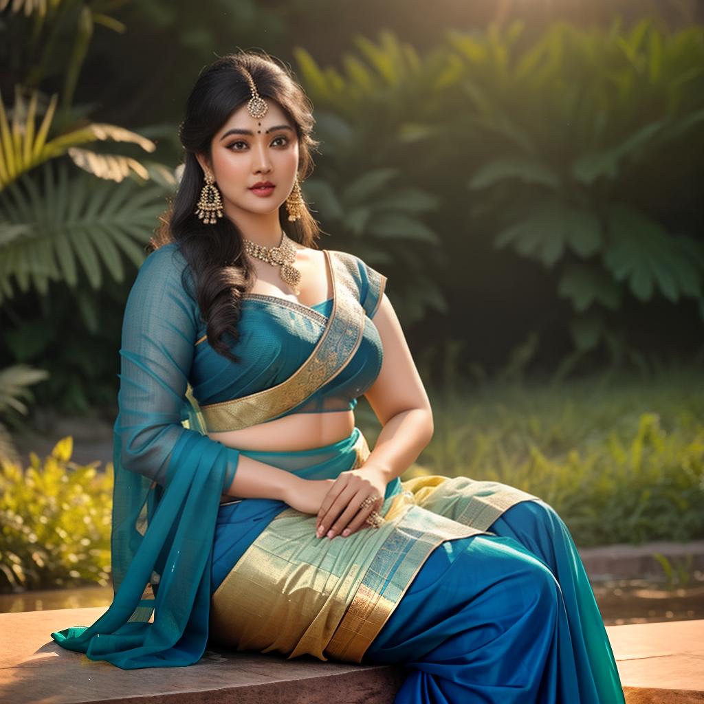  a Chubby indian women in blue saree, at greenery park, clean face details, portrait, hyperrealistic, full body, detailed clothing, highly detailed, cinematic lighting, stunningly beautiful, intricate, sharp focus, f/1. 8, 85mm, (centered image composition), (professionally color graded), ((bright soft diffused light)), volumetric fog, trending on instagram, trending on tumblr, HDR 4K, 8K