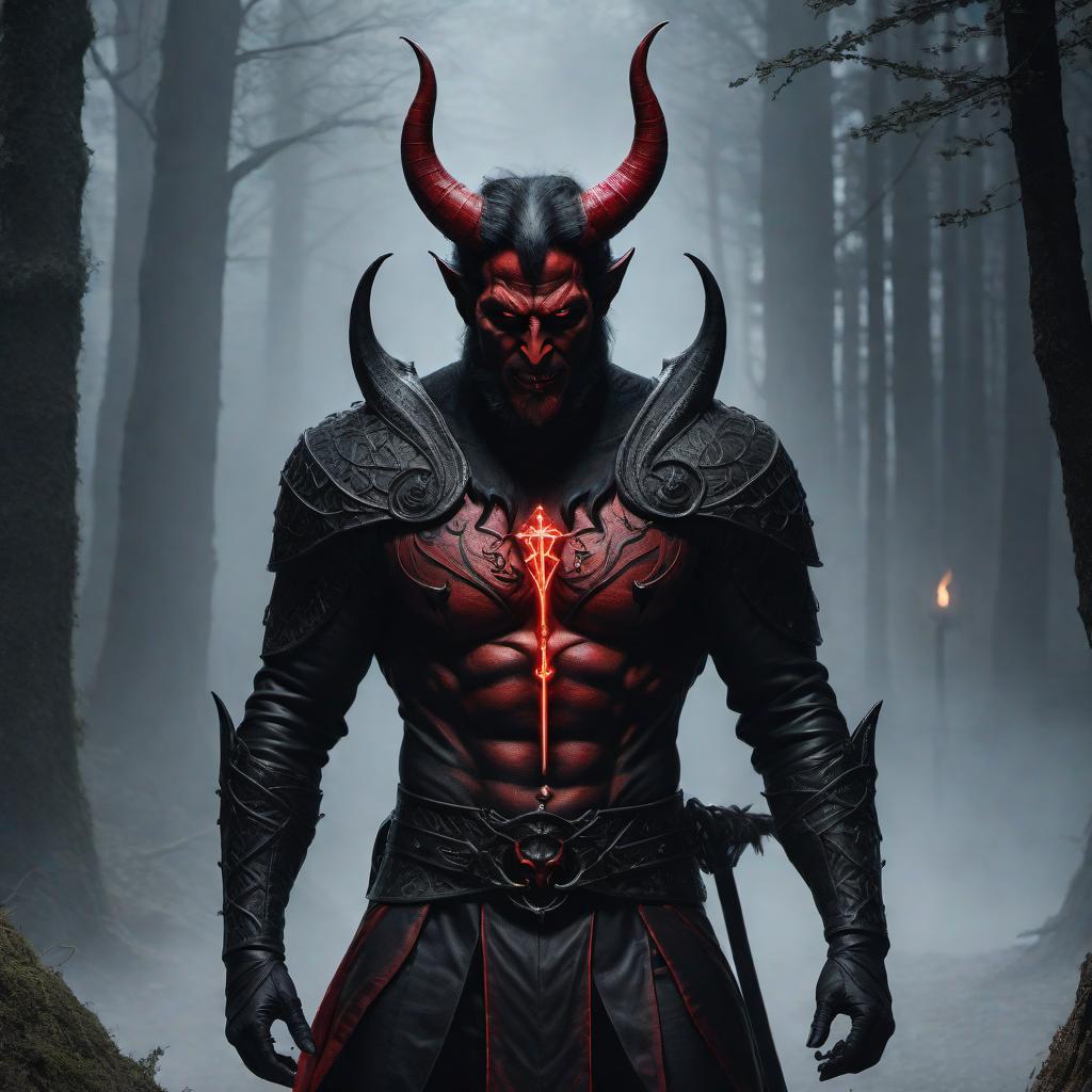  1. Scene 4: The Devil's Confident Look – A pencil-drawn scene showing the devil with a confident and devious expression after setting the first trap. The devil has sharp features, horns, and is dressed in a traditional black suit with a red tie. The background should continue the eerie atmosphere, possibly a dark forest or a desolate landscape. 2. Scene 5: The Devil Setting the Second Trap – A pencil-drawn scene of the devil setting a more elaborate trap, perhaps something magical with glowing runes or an enchanted object. The devil looks confident and devious. The background should reflect a mystical or eerie atmosphere. 3. Scene 6: Drifter Approaching the Second Trap – A pencil-drawn scene showing the drifter cautiously approachin hyperrealistic, full body, detailed clothing, highly detailed, cinematic lighting, stunningly beautiful, intricate, sharp focus, f/1. 8, 85mm, (centered image composition), (professionally color graded), ((bright soft diffused light)), volumetric fog, trending on instagram, trending on tumblr, HDR 4K, 8K