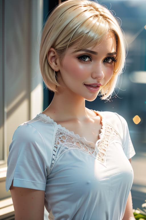  1girl,1girl,blonde short hair,straight hair,upper body shot,shirt,smile hyperrealistic, full body, detailed clothing, highly detailed, cinematic lighting, stunningly beautiful, intricate, sharp focus, f/1. 8, 85mm, (centered image composition), (professionally color graded), ((bright soft diffused light)), volumetric fog, trending on instagram, trending on tumblr, HDR 4K, 8K