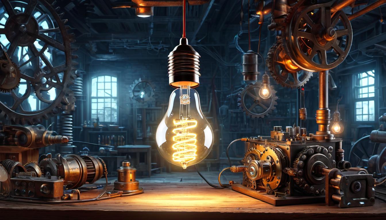  digital illustration, A light bulb, glowing brightly with sparks and electrical currents visible, gears and mechanical parts surrounding it, background of a tinker's workshop, mood of innovation, creativity, mechanical complexity, focused, looking at viewer, dynamic pose, (intricate details, masterpiece, best quality)