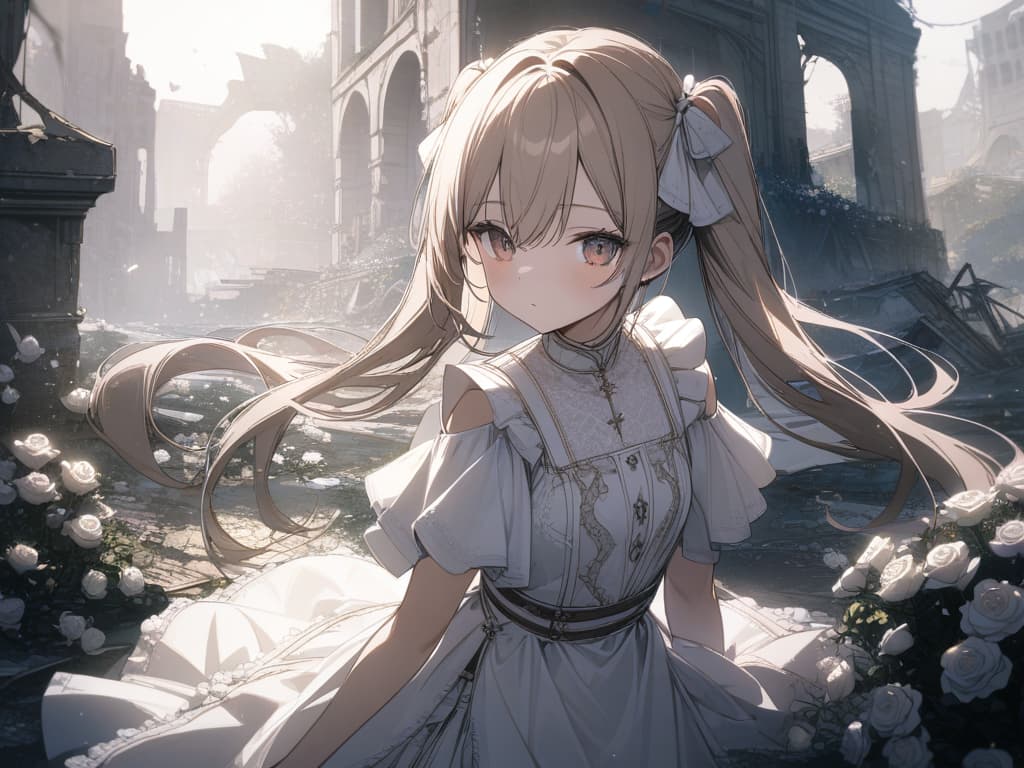  Girls, hair colored beige, eyes with red, white frills, ruins, many white roses, white roses, white, star, light, twin tails, masterpiece, best quality,8k,ultra detailed,high resolution,an extremely delicate and beautiful,hyper detail