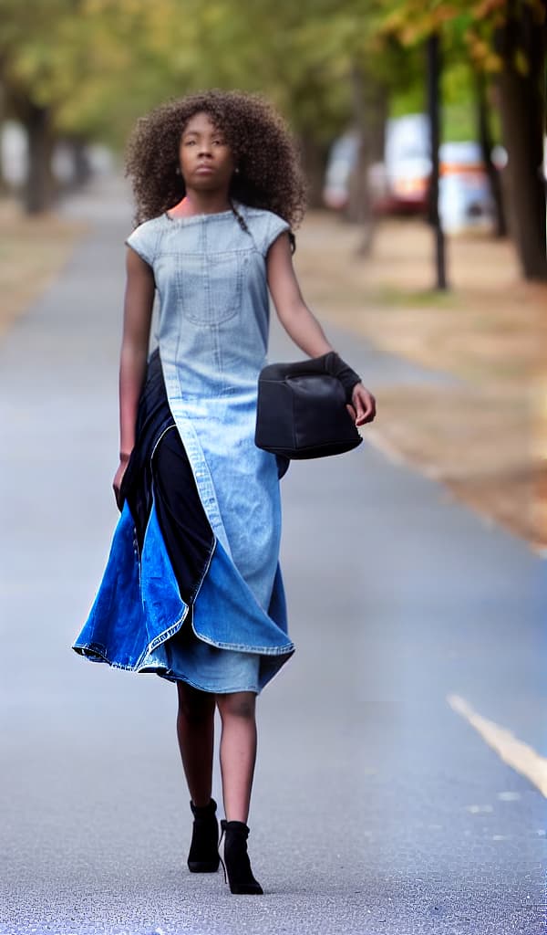  African American walking down the street looking at the camera from the front with long brown hair wearing a blue miniskirt with black heels