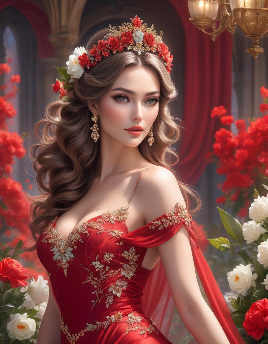  A stunning woman in a vibrant red dress adorned with delicate flowers in her hair, crowned with a regal red tiara, exuding elegance and grace inspired by Magali Villeneuve, fantasy art, karol bak uhd, artgerm, high detailed hyperrealistic, full body, detailed clothing, highly detailed, cinematic lighting, stunningly beautiful, intricate, sharp focus, f/1. 8, 85mm, (centered image composition), (professionally color graded), ((bright soft diffused light)), volumetric fog, trending on instagram, trending on tumblr, HDR 4K, 8K