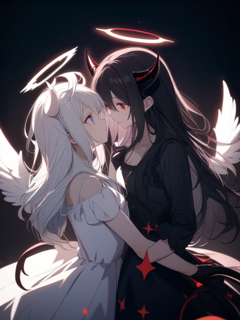  ((Angel and devil,angel,devil,facing each other,s together,y,tempting,devil on the right,angel on the left,holding hands,divine)),((Angel,angel wings,angel halo,halo,white dress,big s,blue eyes,white hair,perm,long hair,curly hair,beautiful,pretty ,puzzled face)),((Devil,devil wings,devil horns,devil tail,red eyes,black hair,straight long hair,big s,black dress,black gloves,devilish smile,pretty )),pretty ,cute,high quality,two people,two s,ultra detailed,best shadow,cute and beautiful face,(masterpiece:1.2),(best quality:1.2),detailed background,high contrast,(best illumination,an extremely delicate and beautiful),((cinematic light)),hyper detail,dramatic light,intricate details,8k,anime,very aesthetic、(