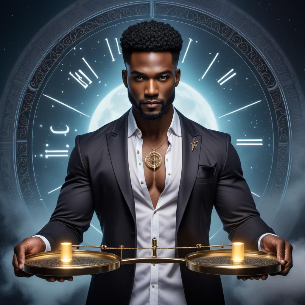  Enchanting black male holding a scale as a symbol of balance in the sign of Libra zodiac, lofi fantasy style. The character should have a harmonious and balanced appearance, with soft, dreamy, and relaxed lofi elements. Include celestial or cosmic background details to create an enchanting atmosphere. hyperrealistic, full body, detailed clothing, highly detailed, cinematic lighting, stunningly beautiful, intricate, sharp focus, f/1. 8, 85mm, (centered image composition), (professionally color graded), ((bright soft diffused light)), volumetric fog, trending on instagram, trending on tumblr, HDR 4K, 8K