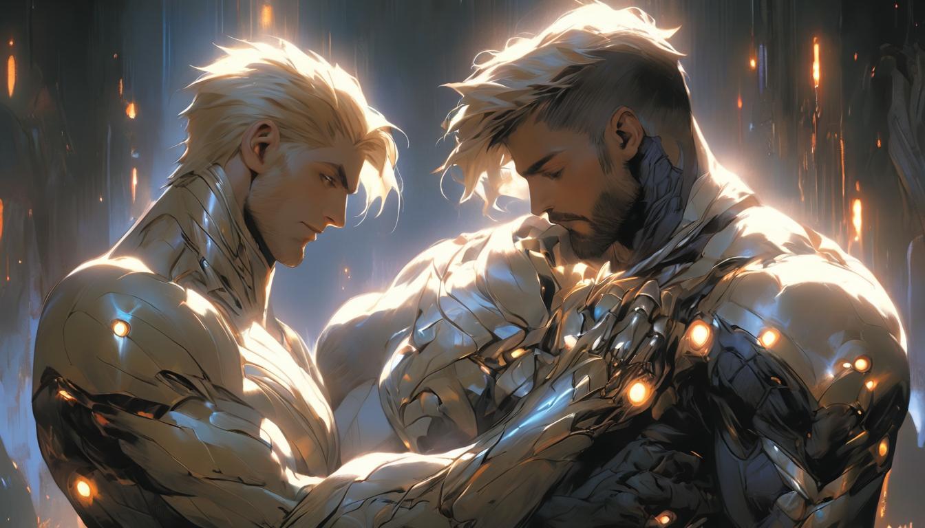  hyperrealism,fantasy aesthetic1man, handsome blonde arian male humanoid, comforting a friend, gentle touch, warm glowing light, high tech clothing clad in sleek, futuristic costume with metallic accents and form fitting designs, marvel superhero comics style, unreal engine rendering