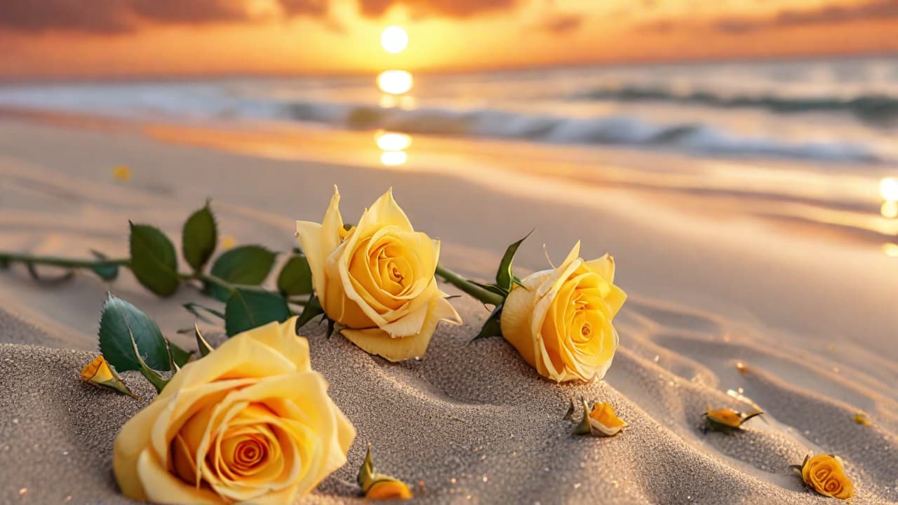  best quality, HD, Yellow roses on sand beach in close up with the sunset sky