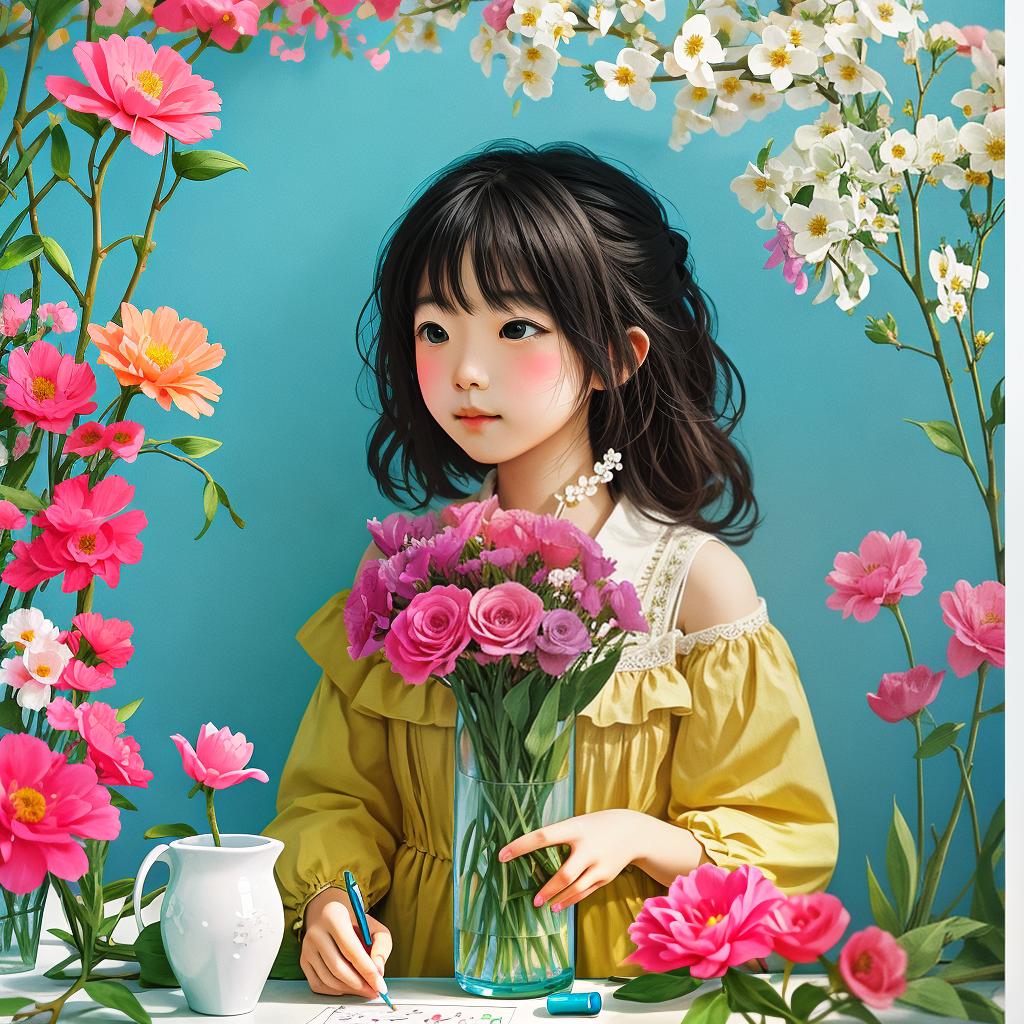  with a crayon art style, A charming scene unfolds as a girl delicately places vibrant flowers into an enchanting crayon rendered vase.