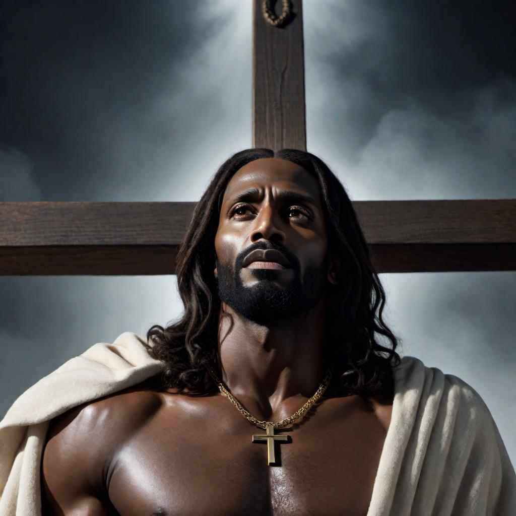  A solemn image of a black Jesus nailed to the cross, with an expression of weariness and subtle sorrow on his face, saying 'Didn't I do enough?'. The background is simple to emphasize the focus on Jesus and his emotional state. hyperrealistic, full body, detailed clothing, highly detailed, cinematic lighting, stunningly beautiful, intricate, sharp focus, f/1. 8, 85mm, (centered image composition), (professionally color graded), ((bright soft diffused light)), volumetric fog, trending on instagram, trending on tumblr, HDR 4K, 8K