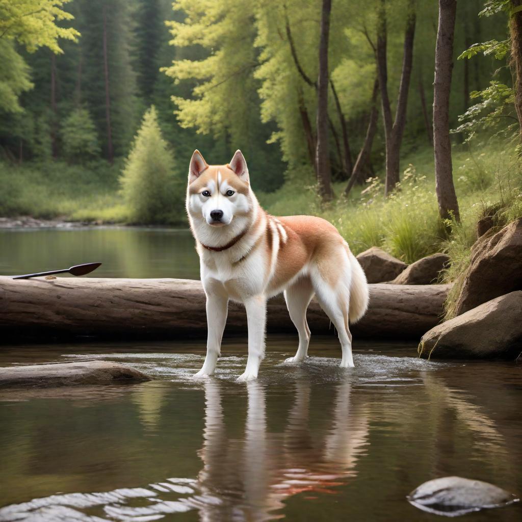  A red and white Siberian husky looking and waiting by the river for his owner who is surfacing with food caught with a spear. The scene is set in a natural, forested area with trees and a calm river flowing gently. The husky appears alert and patient, with the background capturing the serene nature of the environment. hyperrealistic, full body, detailed clothing, highly detailed, cinematic lighting, stunningly beautiful, intricate, sharp focus, f/1. 8, 85mm, (centered image composition), (professionally color graded), ((bright soft diffused light)), volumetric fog, trending on instagram, trending on tumblr, HDR 4K, 8K