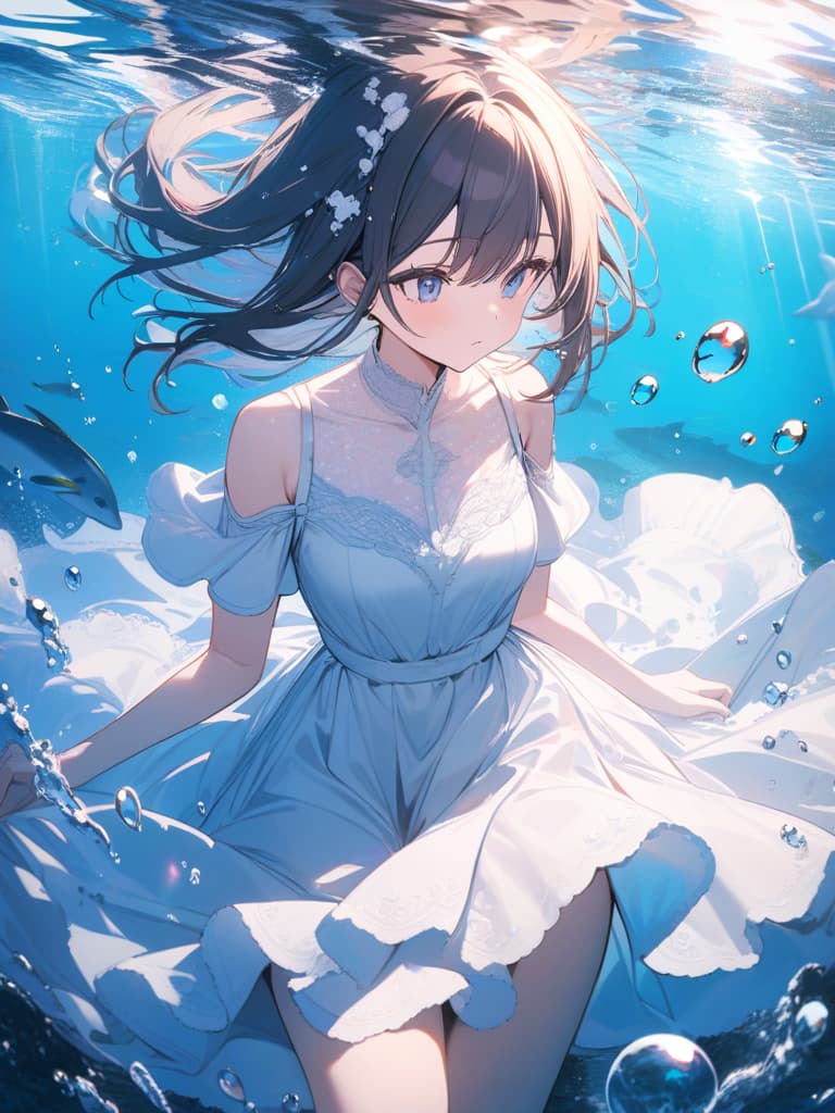  Underwater, in the sea, girl, dress, foam, underwater, fish, wave, soap bubbles, masterpiece, best quality,8k,ultra detailed,high resolution,an extremely delicate and beautiful,hyper detail