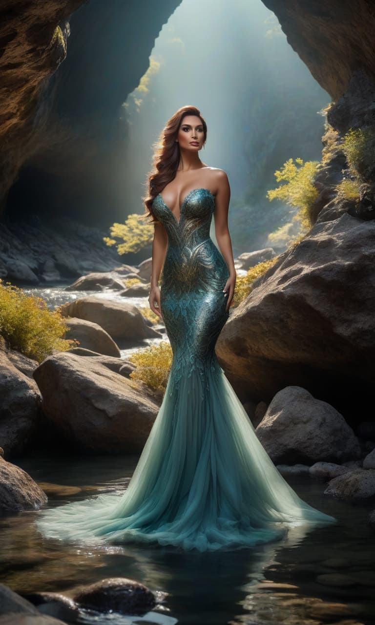  The mermaid, detailed face, full makeup, hyperrealistic photograph, complicated lighting, mountain river, cave, torch. hyperrealistic, full body, detailed clothing, highly detailed, cinematic lighting, stunningly beautiful, intricate, sharp focus, f/1. 8, 85mm, (centered image composition), (professionally color graded), ((bright soft diffused light)), volumetric fog, trending on instagram, trending on tumblr, HDR 4K, 8K